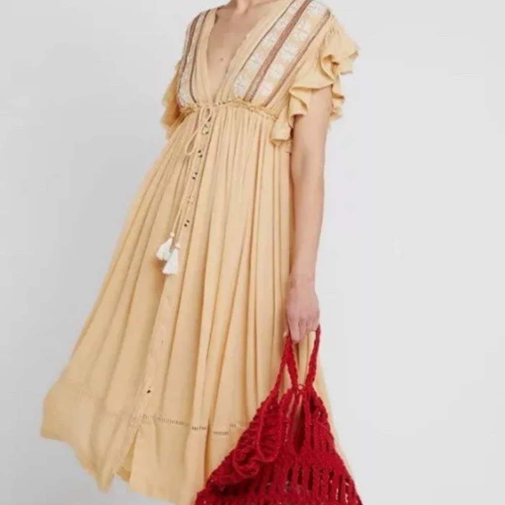 Free People Tan Plunge Neck Flutter Sleeve Sundress